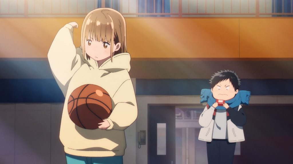 Blue Box Ep. 1 "Chinatsu Senpai" screenshot showing Chinatsu flexing as Taiki watches on.