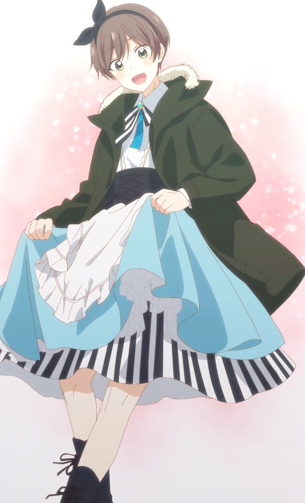 Senpai is an Otokonoko Ep. 12 "The Real Me" screenshot showing Makoto in a blue Alice in Wonderland-like dress.