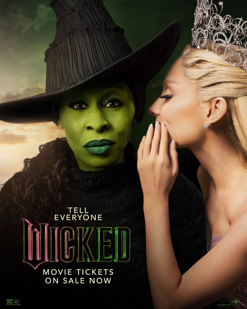 Wicked poster featuring Cynthia Erivo as Elphaba and Ariana Grande as Glinda .