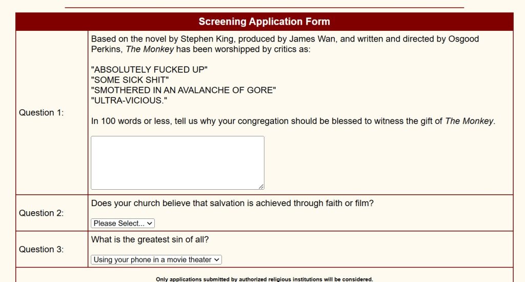 Screenshot of the church application form for screenings of The Monkey